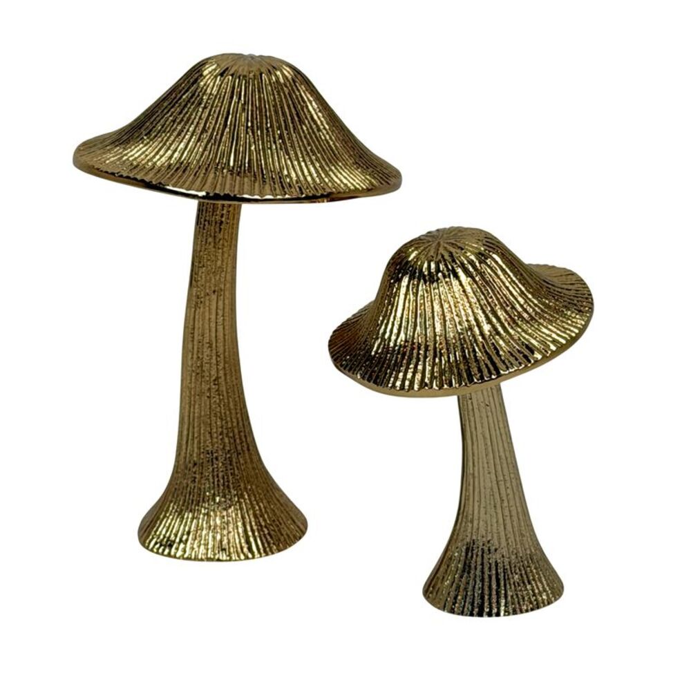 Gold Mushroom Figurines Set of 2 Cast Aluminum 7 Inch Ridged Tabletop Decor